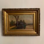 English antique naive cottage near river bank oil painting with original 19th century frame.