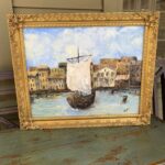 harbor on canvas with ornate frame. This was created in 1965 by 17 year old art student Jodie Juracek.